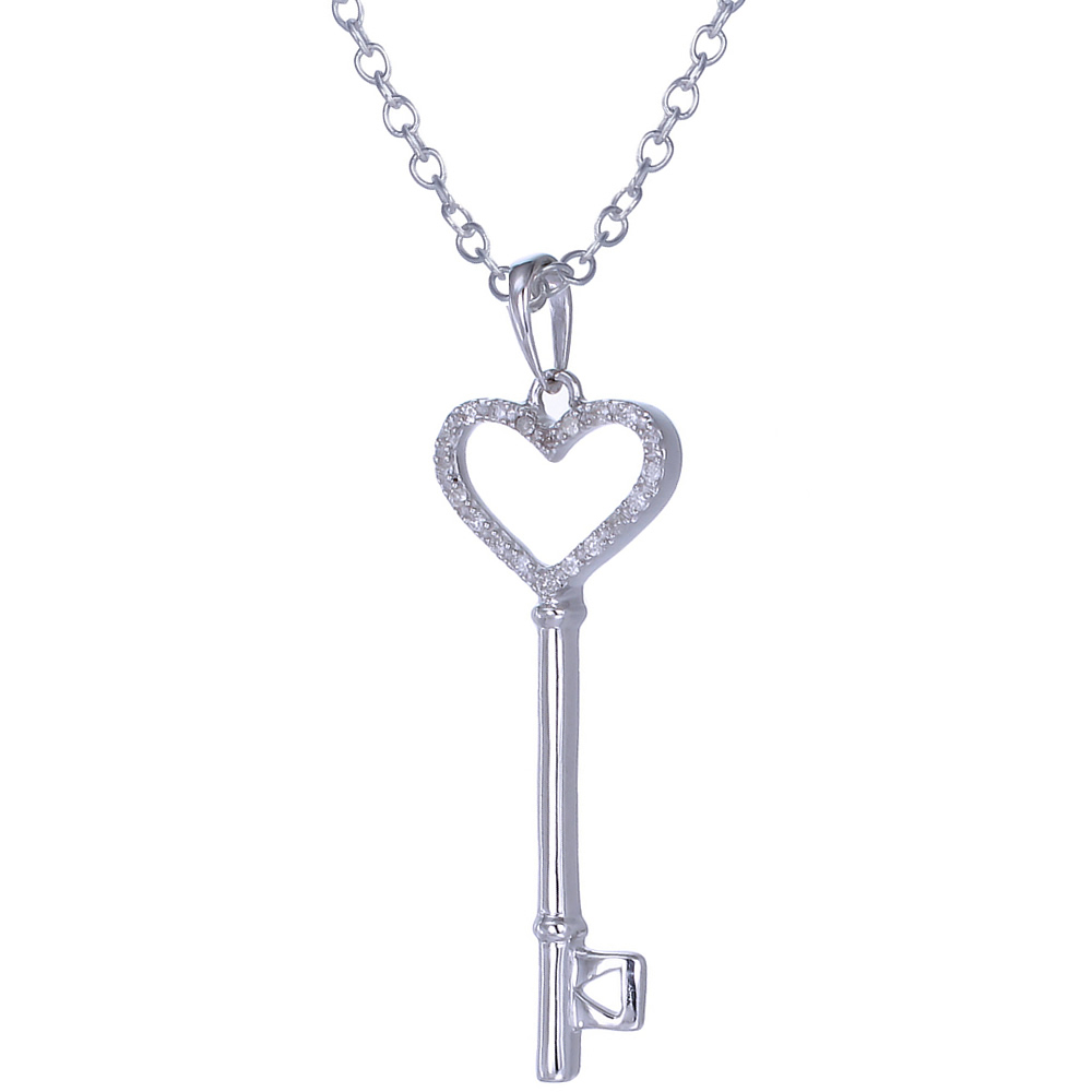Sterling Silver 0.125 cttw Diamond Key Pendant With 18" Chain