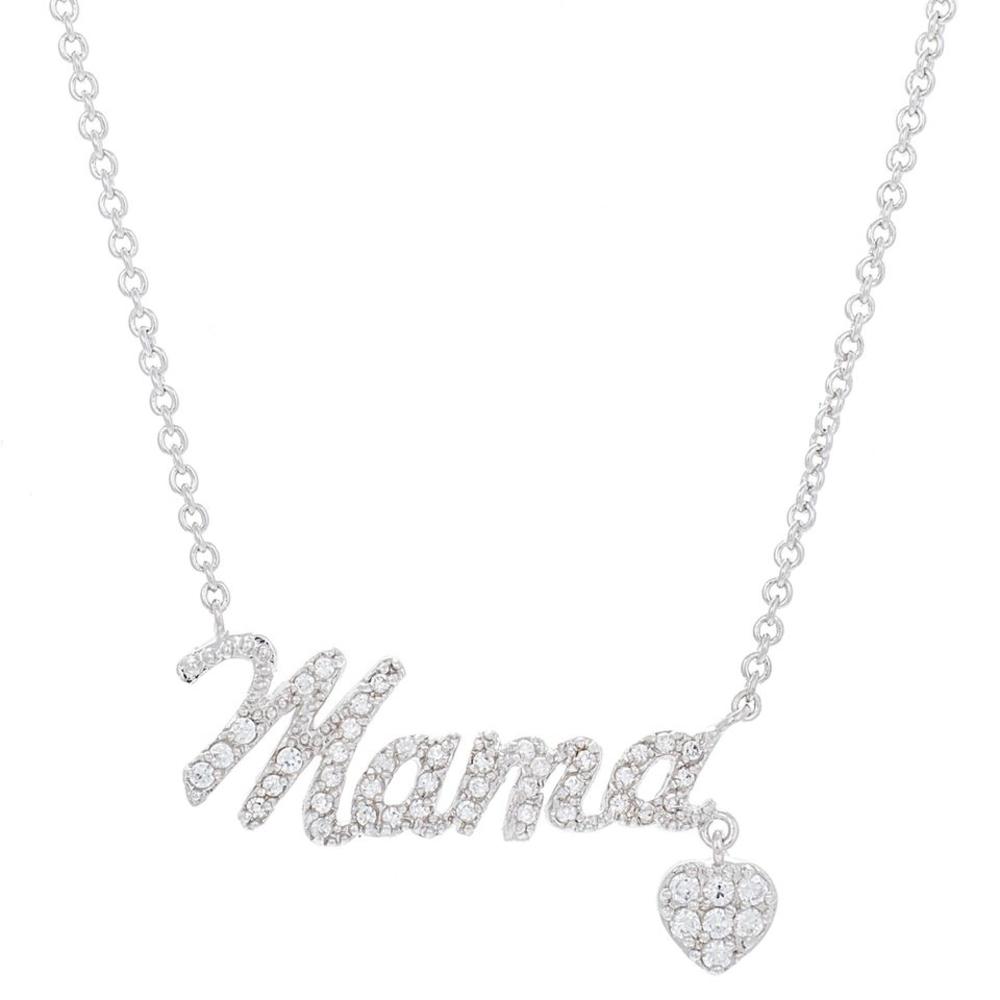 Cubic Zirconia Rhodium Finished Sterling Silver Mama Pendant Necklace