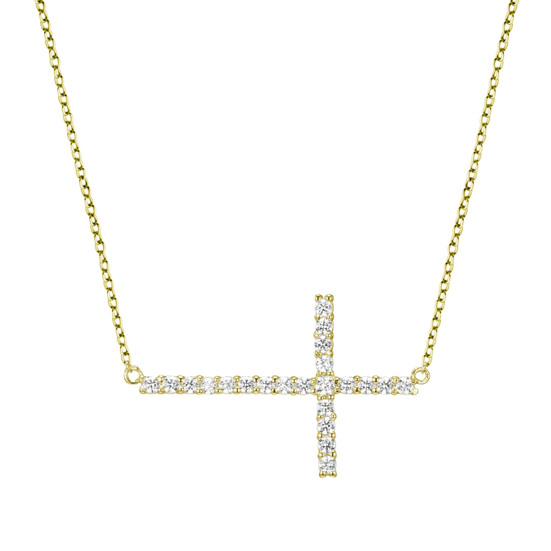 Gold Over Sterling Silver Created White Sapphire Sideways Cross Necklace