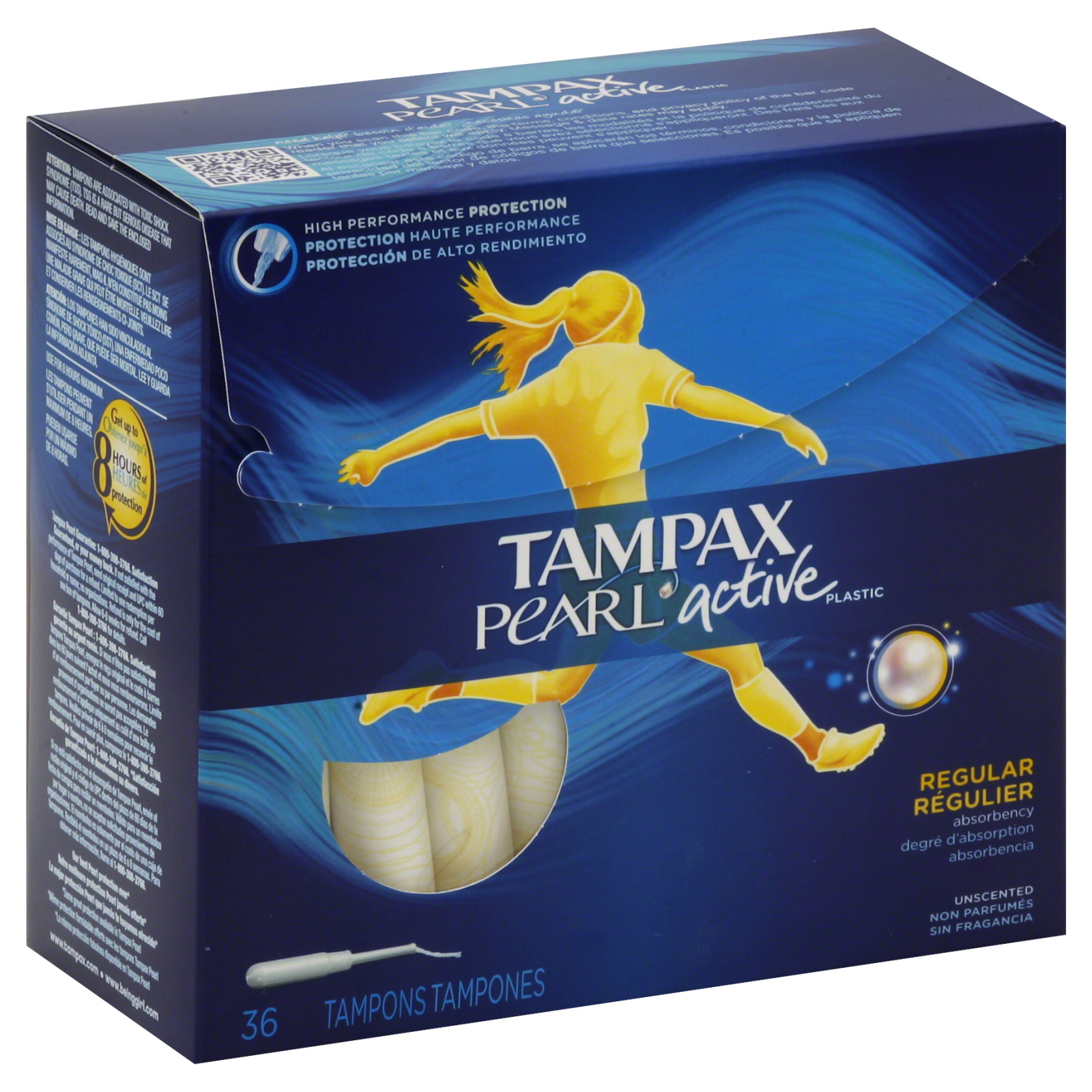Tampax Pearl Active Tampons, Plastic, Regular, Unscented, 36 tampons at mygofer.com