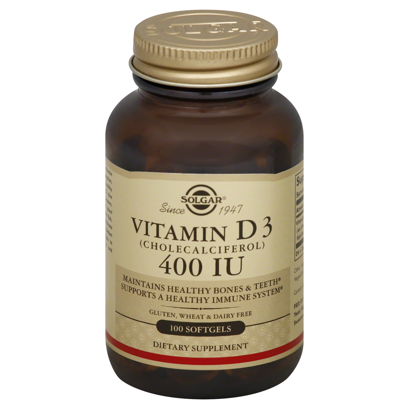 Solgar Natural Vitamin D (Cholecalciferol), 400 IU, Softgels, 100 softgels