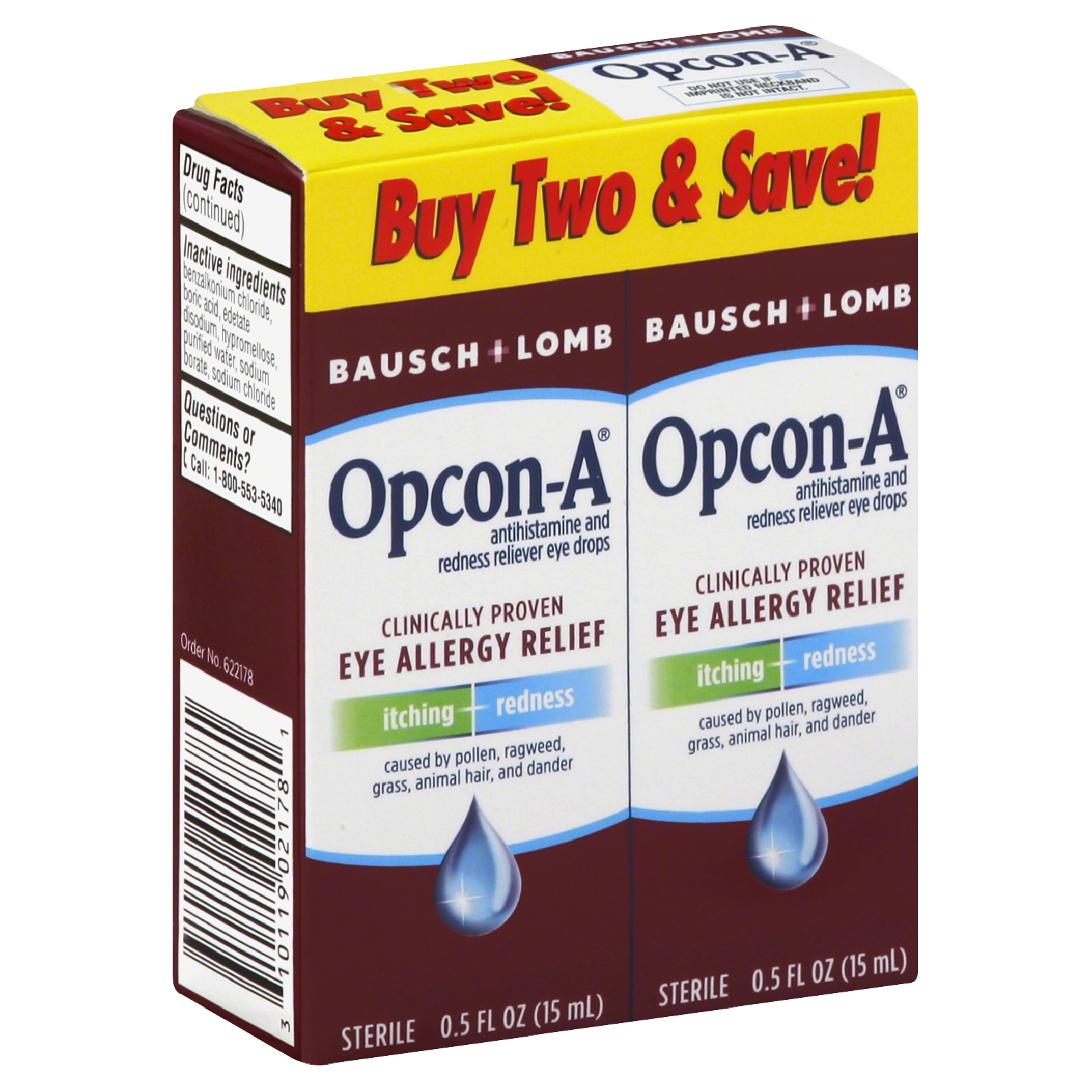 Bausch & Lomb OpconA Eye Drops, Itching & Redness Reliever, 2 0.5 fl