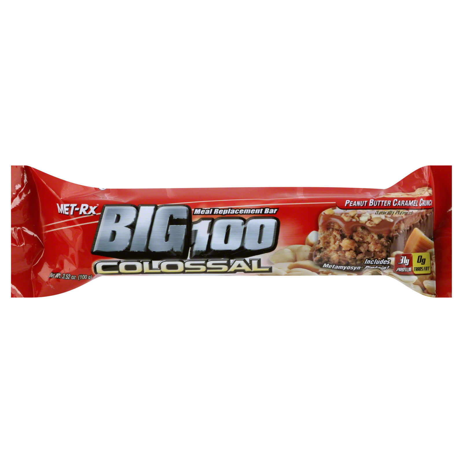 Met-RX Big 100 Colossal Meal Replacement Bar, Peanut Butter Caramel Crunch, 3.52 oz (100 g)