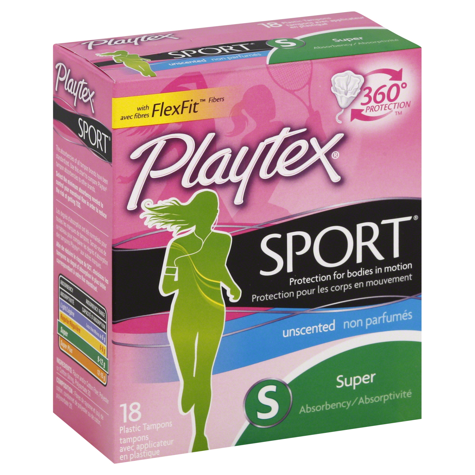 Playtex Sport Tampons, Plastic, Super Absorbency, Unscented, 18 tampons