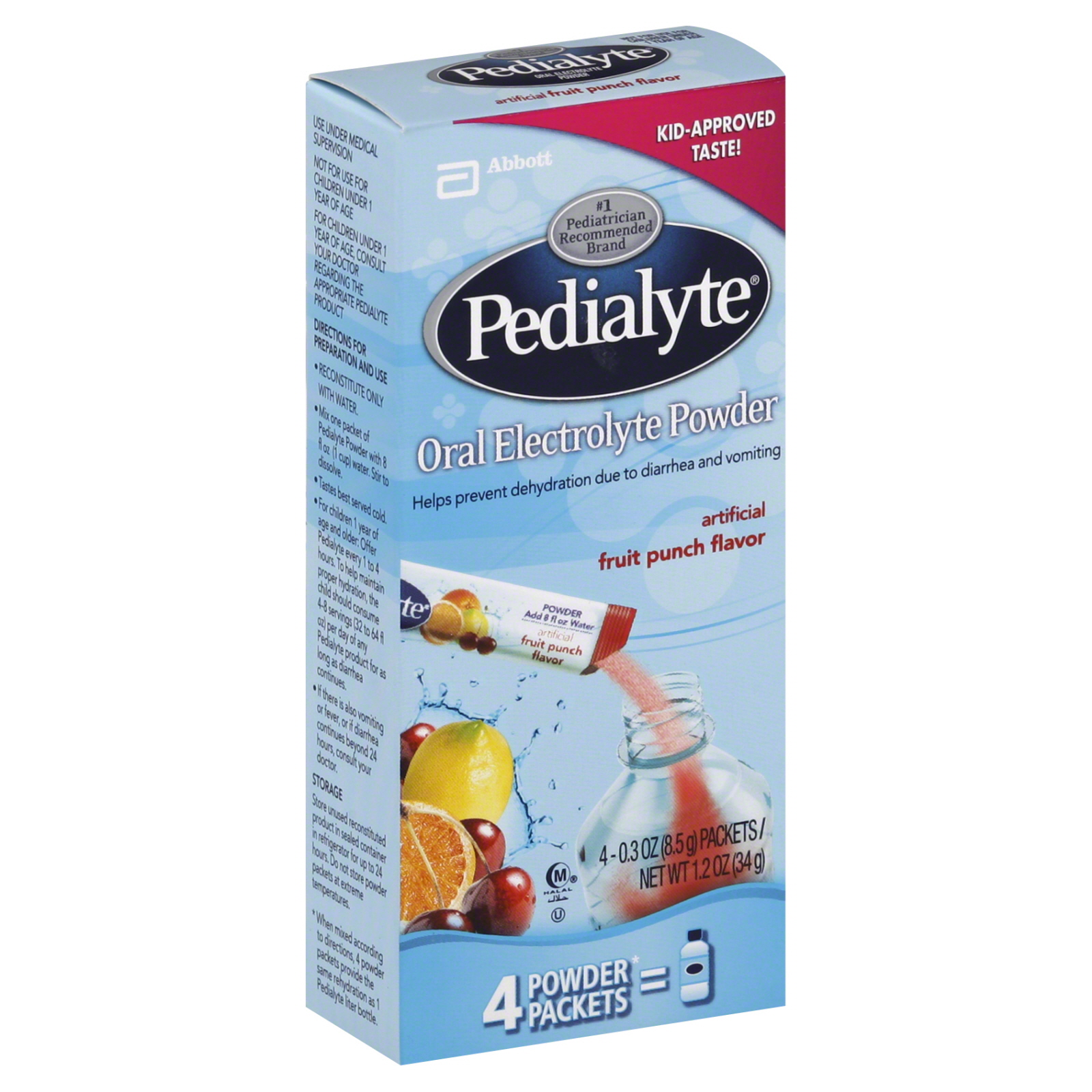 Pedialyte Oral Electrolyte Powder, Fruit Punch Flavor, 4 - 0.3 oz (8.5 g) packets [1.2 oz (34 g)] at mygofer.com