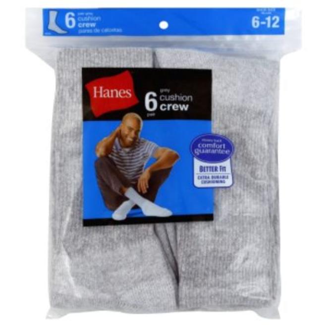 Hanes Men’s Socks 6 Pack Grey Cushion Crew Comfort Toe Seam