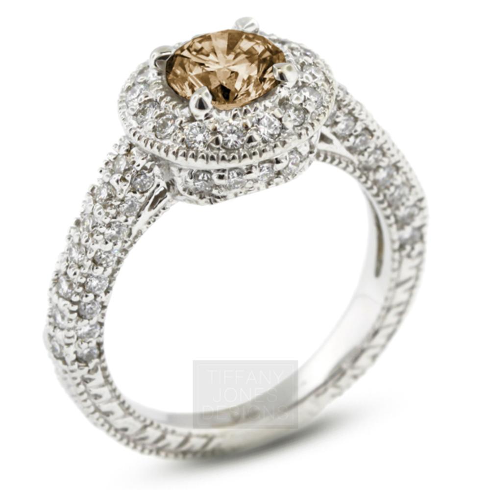 3.22 Carat Total Brown-SI2 Very Good AGI Cert Round Natural Diamond 14K White Gold Split Shank Engagement Ring