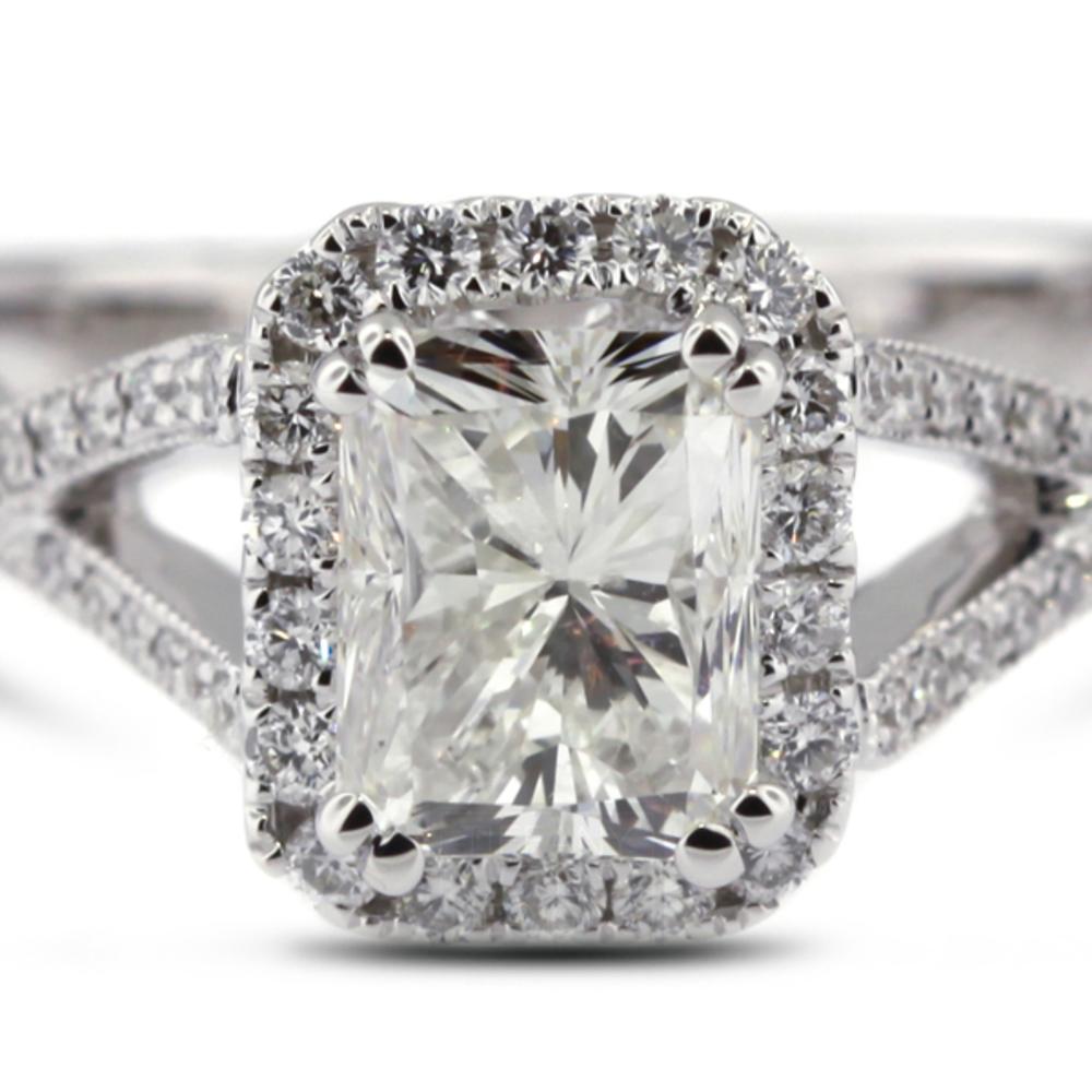 1.76 Carat Total E-SI1 Excellent AGI Cert Cushion Natural Diamond 18K White Gold Split Twist Shank Engagement Ring