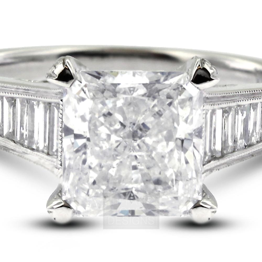 2.94 Carat Total I-VS2 Excellent AGI Cert Radiant Natural Diamond 18K White Gold Vintage Engagement Ring with Milgrain