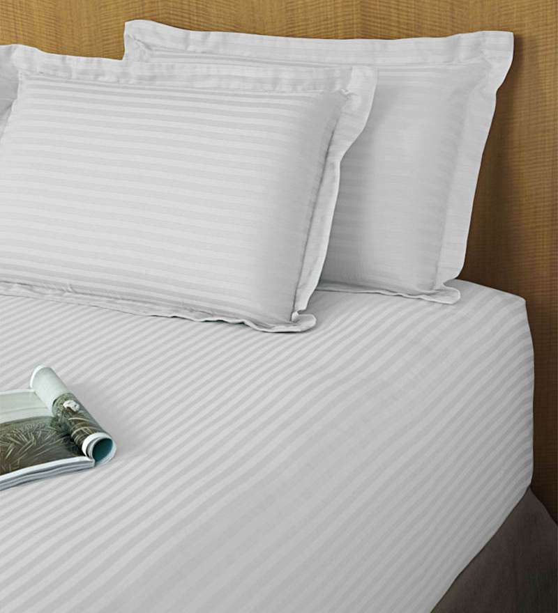 Luxurious 400tc Egyptian Cotton Stripe 1pc Fitted Sheet - Full , White With 29