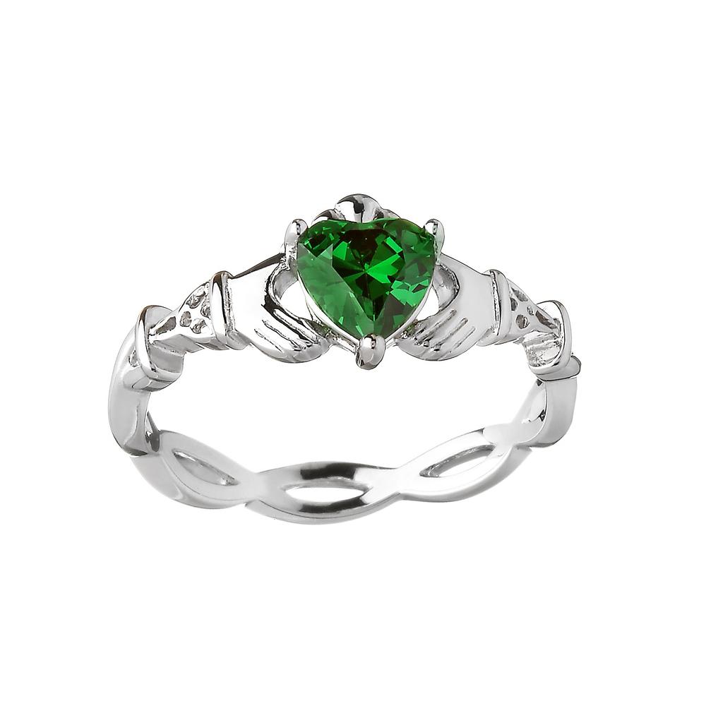 Biddy Murphy Irish Claddagh Ring Silver Weave Green CZ Made in Ireland