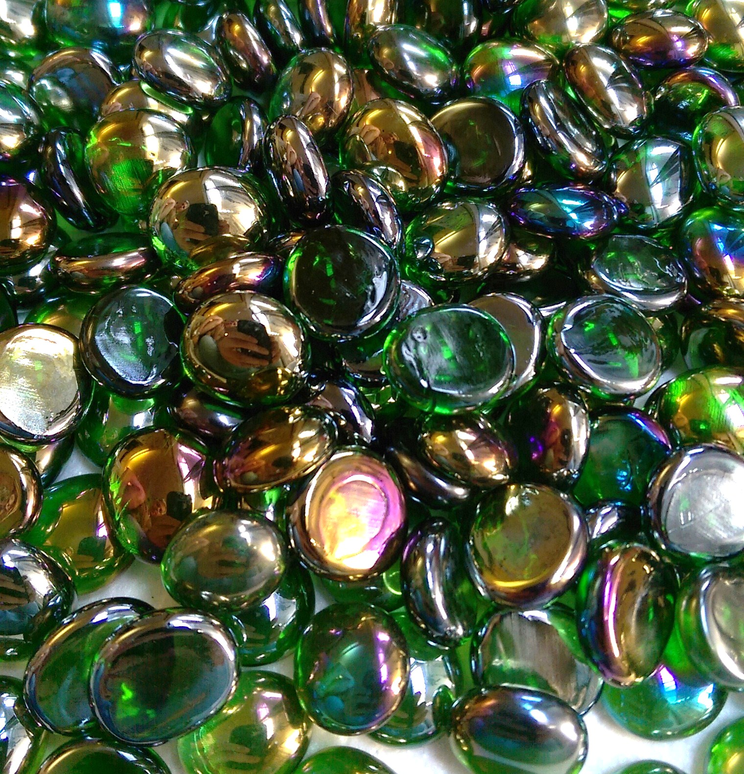 Glass Gems - Vase Fillers - Green Irid (5 Lb, 14-16mm, Approx. 5/8") Flat Marbles, Gems Stones, Accent Gems, Mosaic Glass Tiles