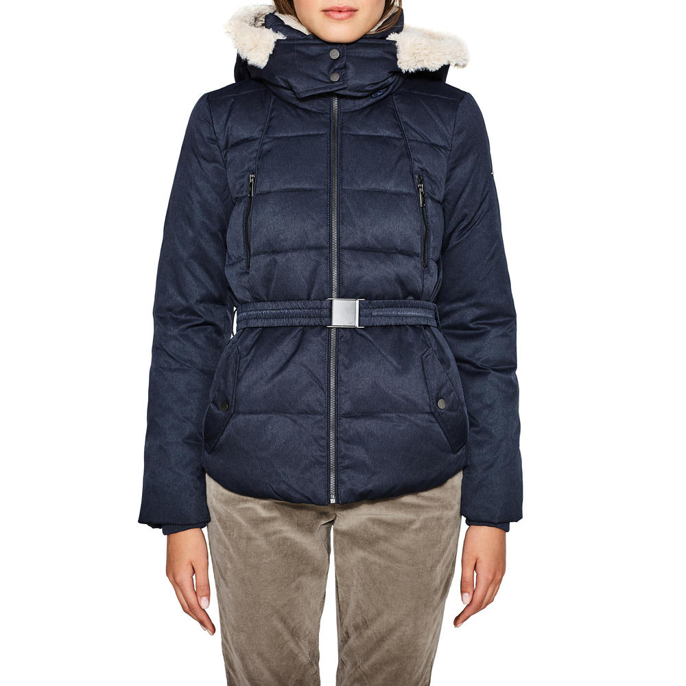 Esprit Womens Padded Jacket With Faux Fur Hood & Belt&Nbsp; Blue Size M