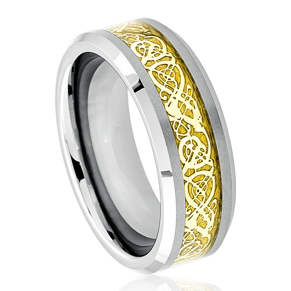 Tungsten Jeweler 8mm - Man or Ladies - Tungsten Carbide Beveled Edge Celtic Knot Dragon over Yellow Inlay Wedding Band Ring