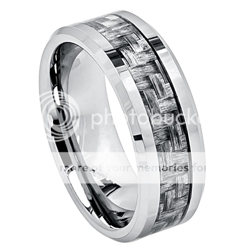 Tungsten Jeweler 8mm - Man or Ladies - Tungsten Carbide Beveled Edge Charcoal Gray Carbon Fiber Inlay High Wedding Band Ring