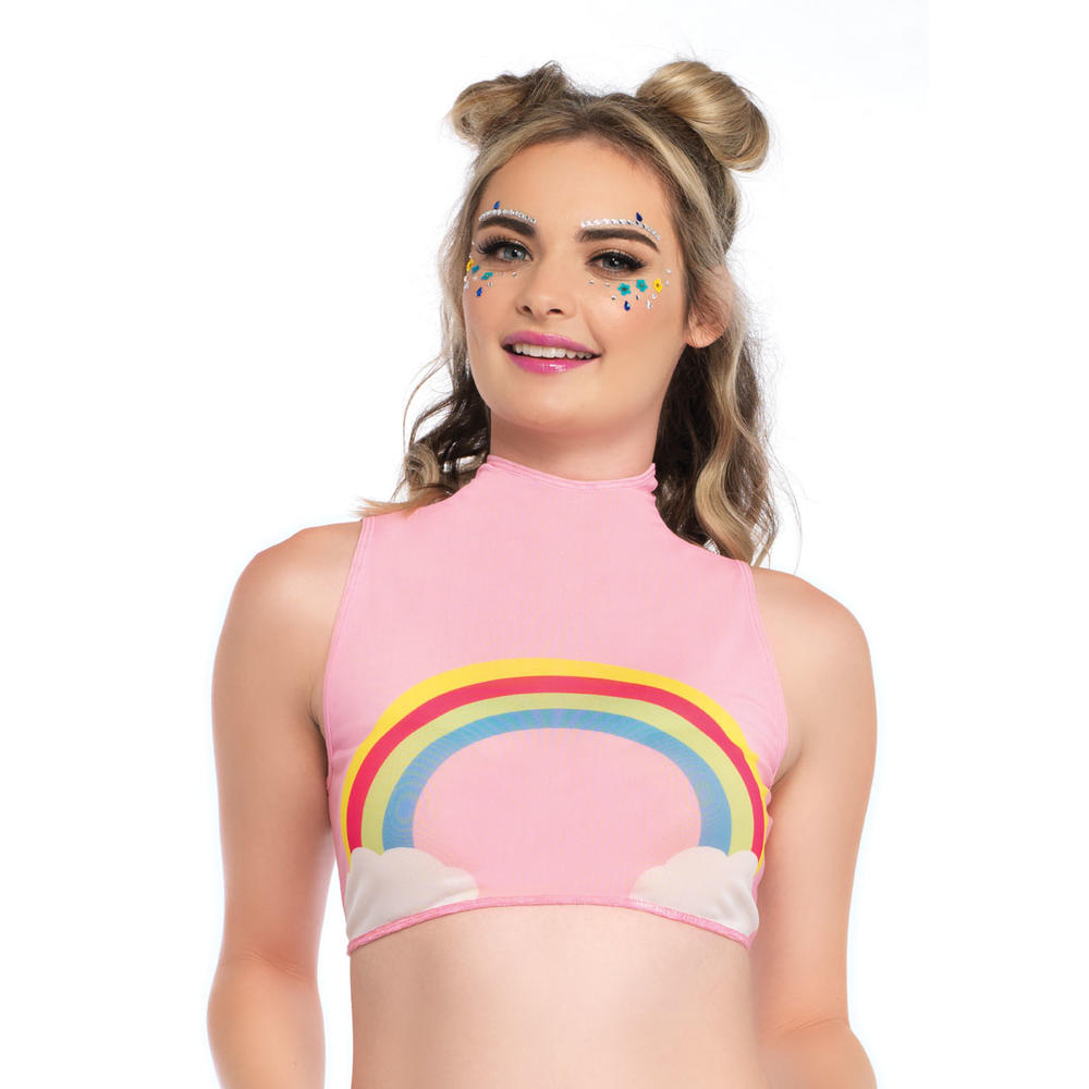Leg Avenue Women's Rainbow High Neck Mesh Crop Top with Zipper Back
