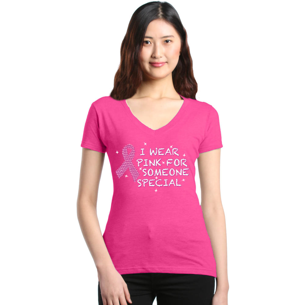 Shop4Ever Women's I Wear Pink for Someone Special Breast Cancer Slim Fit V-Neck T-Shirt