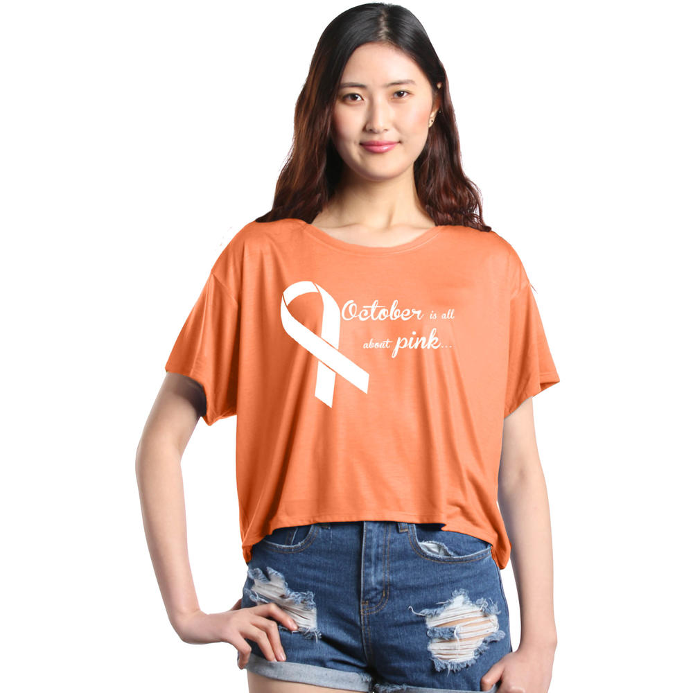 Shop4Ever Women's October is All About Pink White Breast Cancer Flowy Boxy T-Shirt
