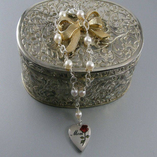 Jewelry By Tali Red Rose Heart Sterling Silver Pearl Mom Locket Bracelet