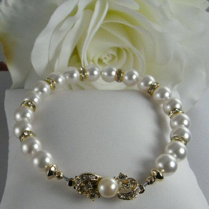 Jewelry By Tali White Pearl Bridal Bracelet. Swarovski Pearl Wedding Bracelet