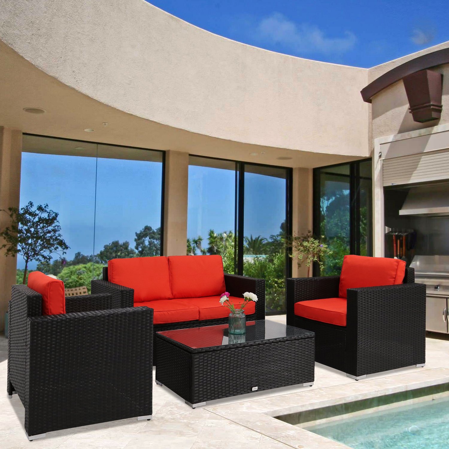 Kinbor New 4 PCs Black Rattan Patio Outdoor Furniture Set ...