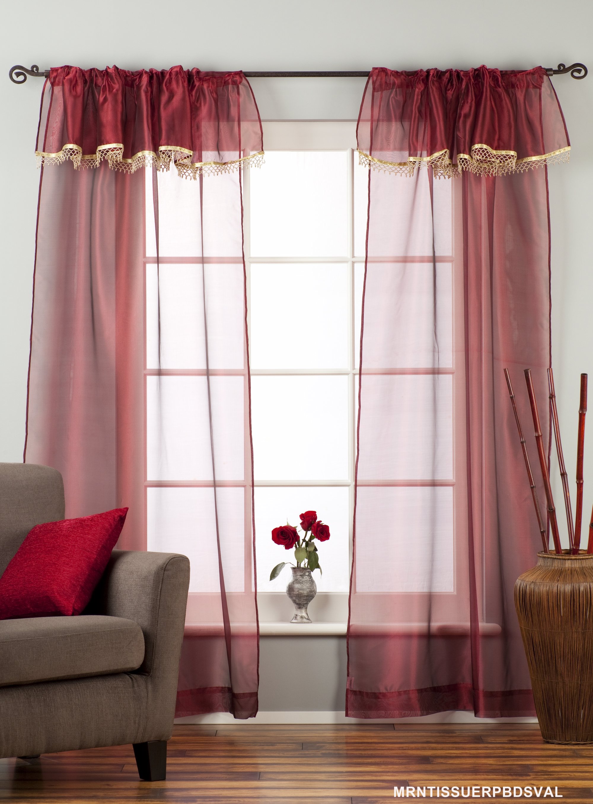 Indian Selections Maroon - Rod Pocket Sheer Tissue Curtain with Beaded Valance Panel Drape - Piece Indian Selections Maroon - Rod Pocket Sheer Tissue Curtain with Beaded Valance Panel Drape - Piece