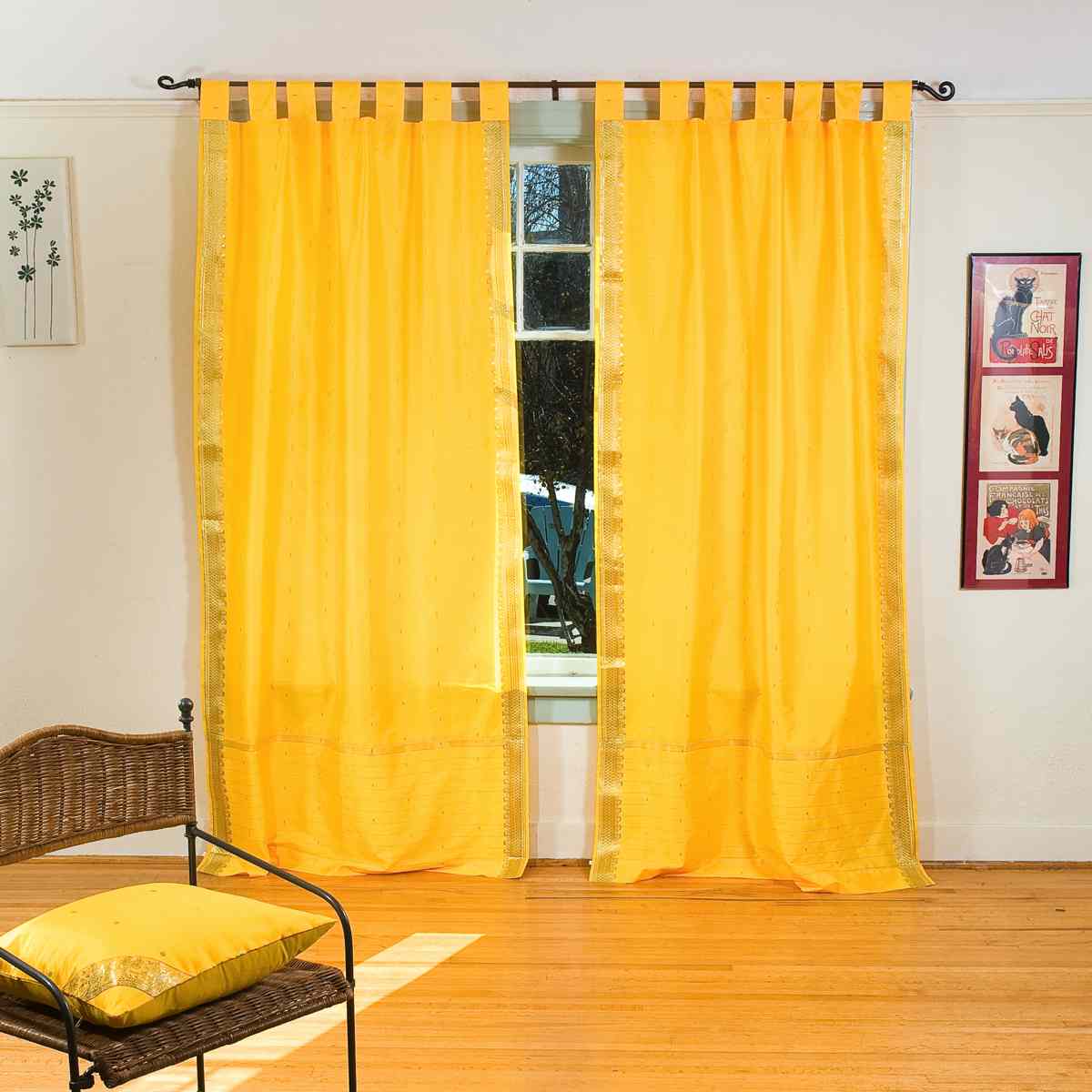 Indian Selections Yellow Tab Top Sheer Sari Curtain / Drape / Panel - Pair Indian Selections Yellow Tab Top Sheer Sari Curtain / Drape / Panel - Pair