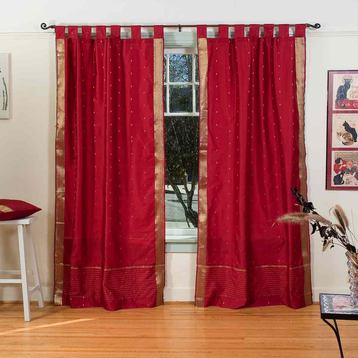 Indian Selections Maroon Tab Top Sheer Sari Curtain / Drape / Panel - Pair Indian Selections Maroon Tab Top Sheer Sari Curtain / Drape / Panel - Pair
