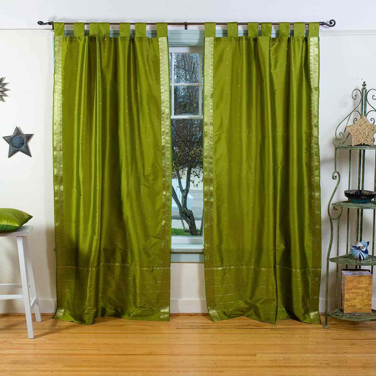 Indian Selections Olive Green Tab Top Sheer Sari Curtain / Drape / Panel - Piece Indian Selections Olive Green Tab Top Sheer Sari Curtain / Drape / Panel - Piece