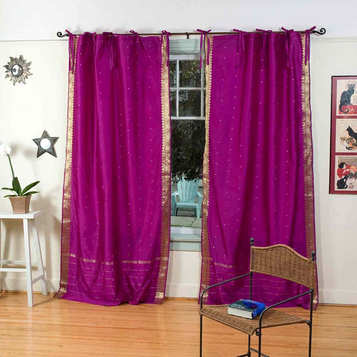 Indian Selections Violet Red Tie Top Sheer Sari Curtain / Drape / Panel - Piece Indian Selections Violet Red Tie Top Sheer Sari Curtain / Drape / Panel - Piece