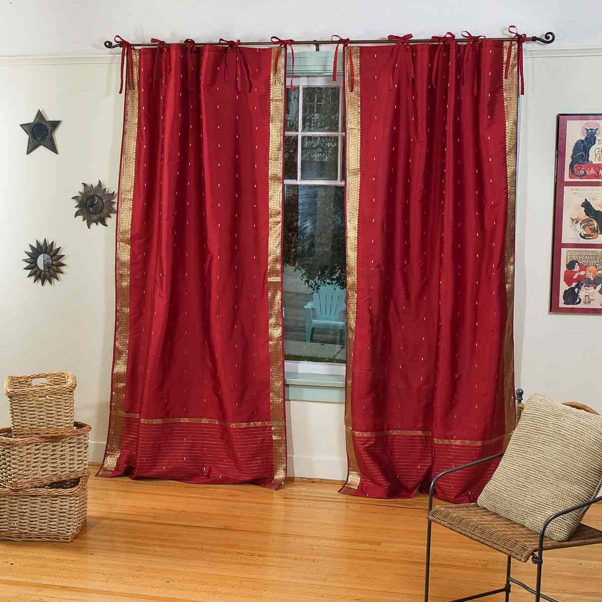 Indian Selections Maroon Tie Top Sheer Sari Curtain / Drape / Panel - Piece Indian Selections Maroon Tie Top Sheer Sari Curtain / Drape / Panel - Piece