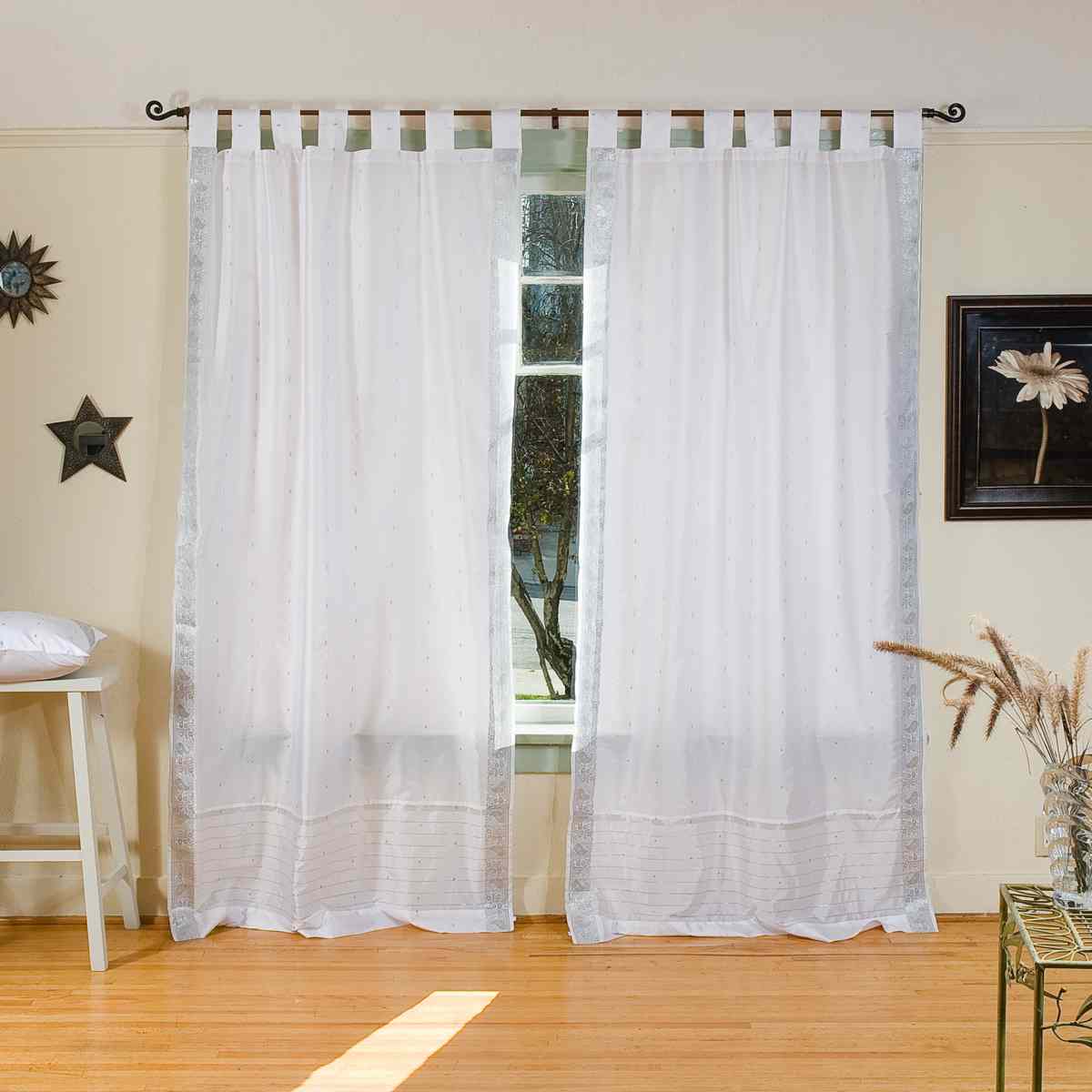 Indian Selections White Silver Tab Top Sheer Sari Curtain / Drape / Panel - Piece Indian Selections White Silver Tab Top Sheer Sari Curtain / Drape / Panel - Piece