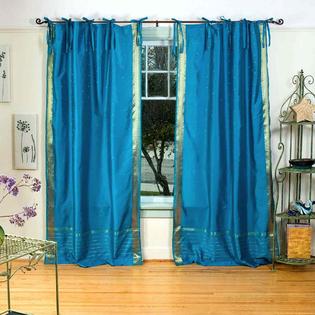 Indian Selections Turquoise Tie Top Sheer Sari Curtain / Drape / Panel - Pair Indian Selections Turquoise Tie Top Sheer Sari Curtain / Drape / Panel - Pair