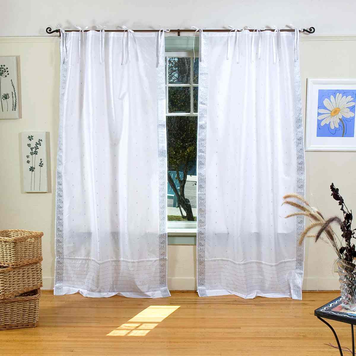 Indian Selections White Silver Tie Top Sheer Sari Curtain / Drape / Panel - Piece Indian Selections White Silver Tie Top Sheer Sari Curtain / Drape / Panel - Piece
