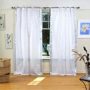 Indian Selections White Silver Tie Top Sheer Sari Curtain / Drape / Panel - Pair Indian Selections White Silver Tie Top Sheer Sari Curtain / Drape / Panel - Pair