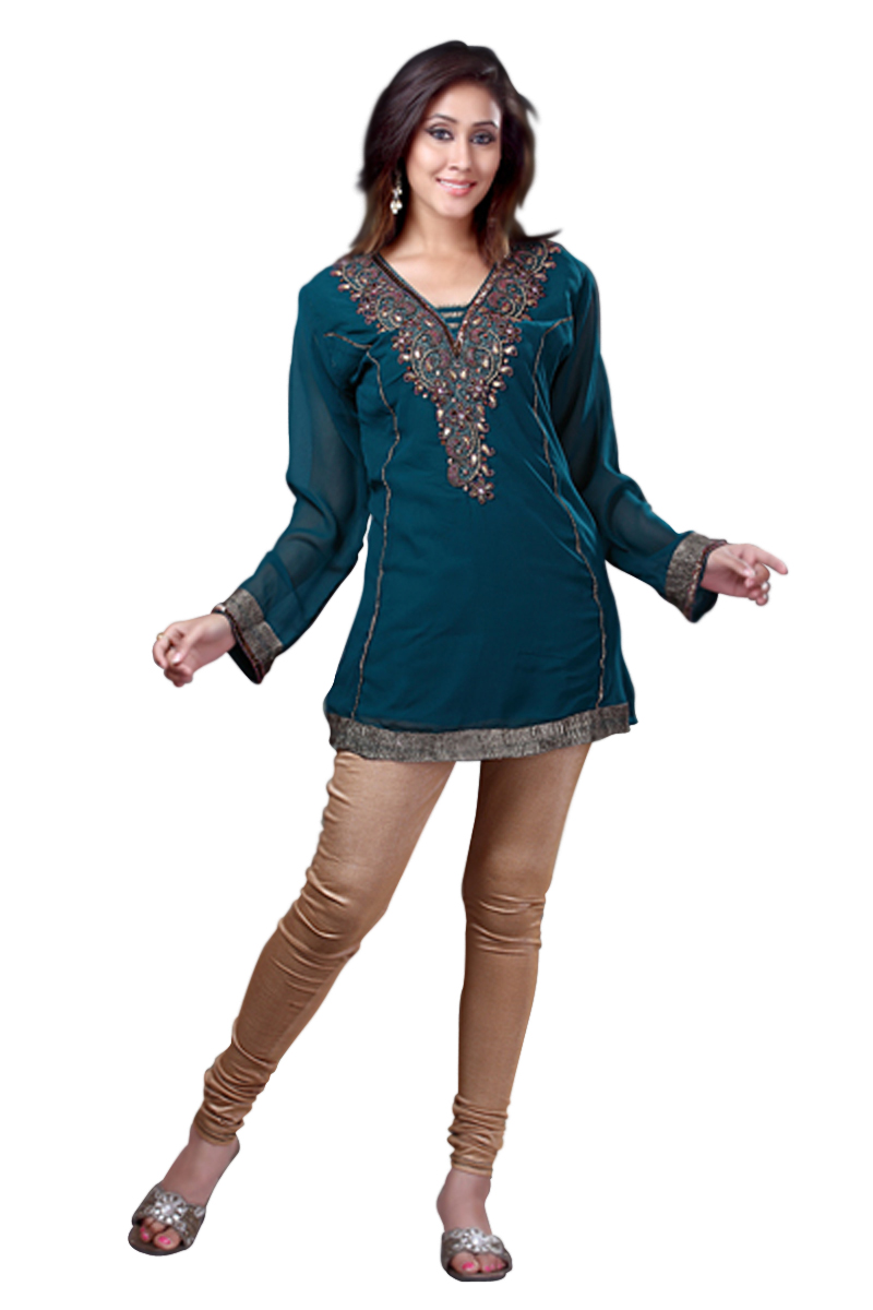Indian Selections Rama Green Georgette Kurti/Tunic with designer embroidery Indian Selections Rama Green Georgette Kurti/Tunic with designer embroidery