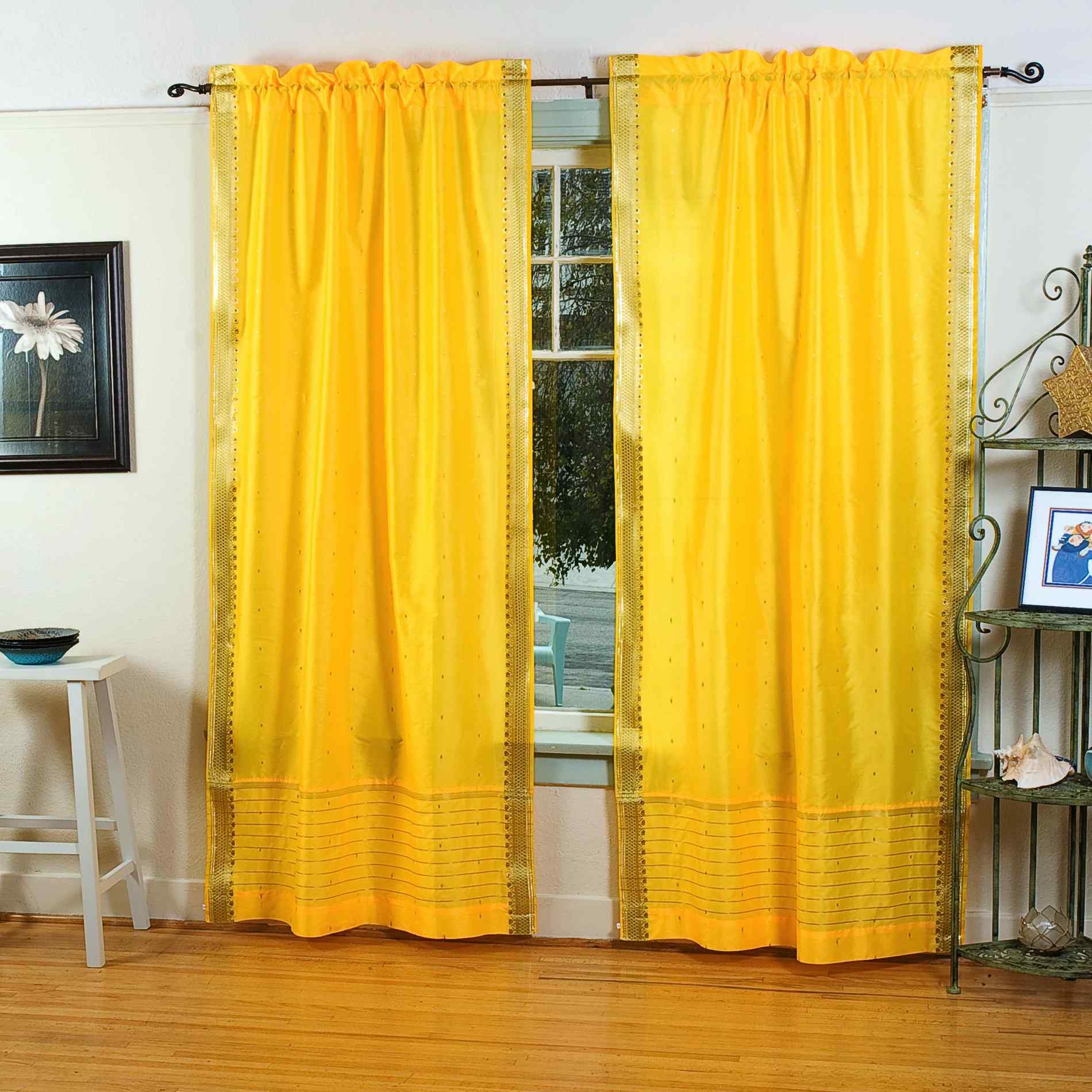 Indian Selections Yellow Rod Pocket Sheer Sari Curtain / Drape / Panel - Pair Indian Selections Yellow Rod Pocket Sheer Sari Curtain / Drape / Panel - Pair