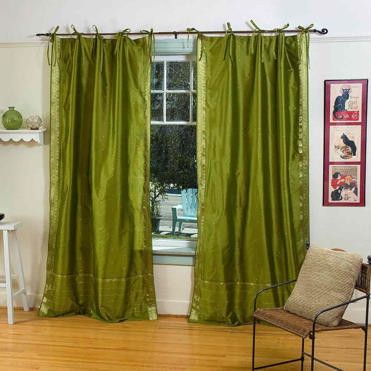 Indian Selections Olive Green Tie Top Sheer Sari Curtain / Drape / Panel - Piece Indian Selections Olive Green Tie Top Sheer Sari Curtain / Drape / Panel - Piece