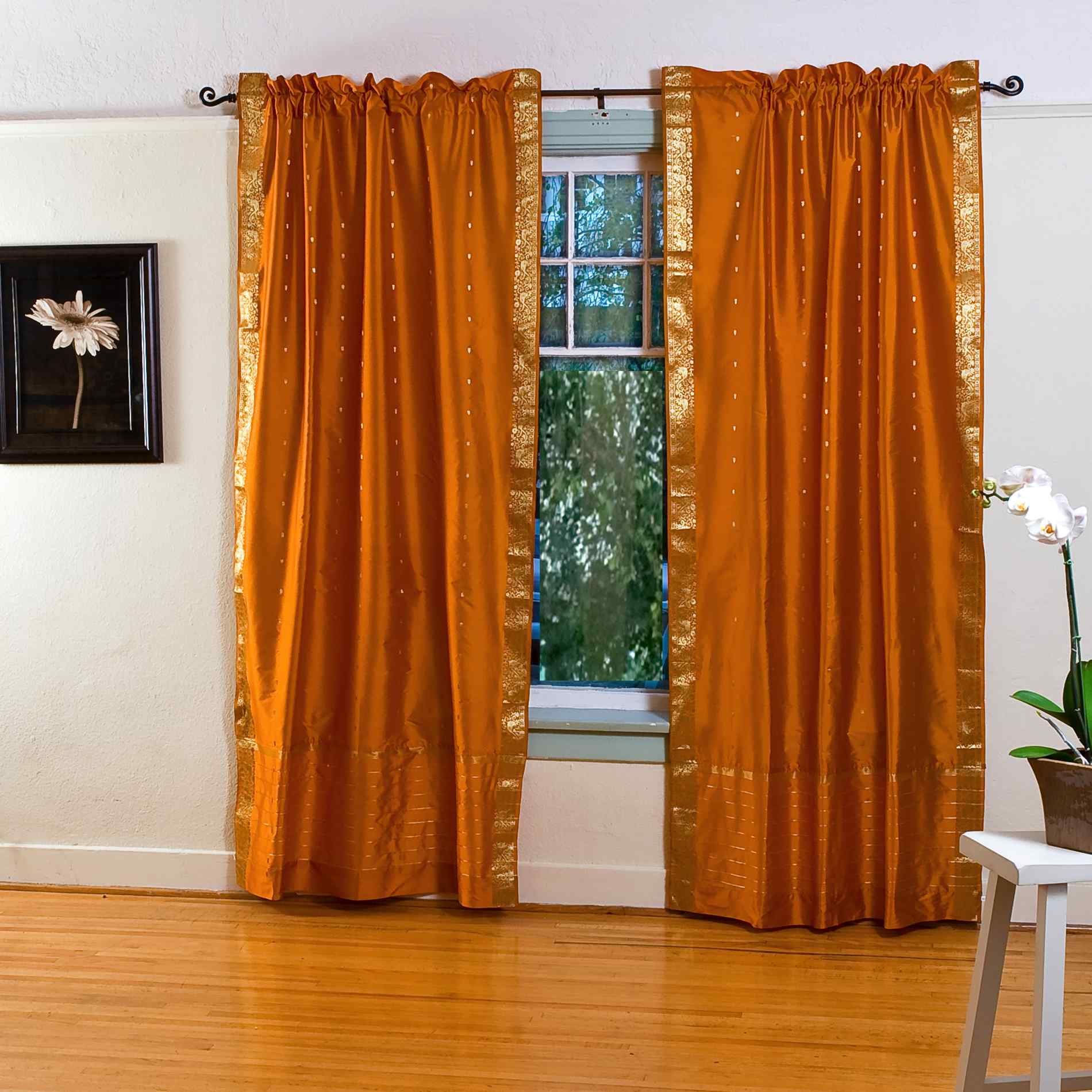 Indian Selections Mustard Yellow Rod Pocket Sheer Sari Curtain / Drape / Panel - Pair Indian Selections Mustard Yellow Rod Pocket Sheer Sari Curtain / Drape / Panel - Pair