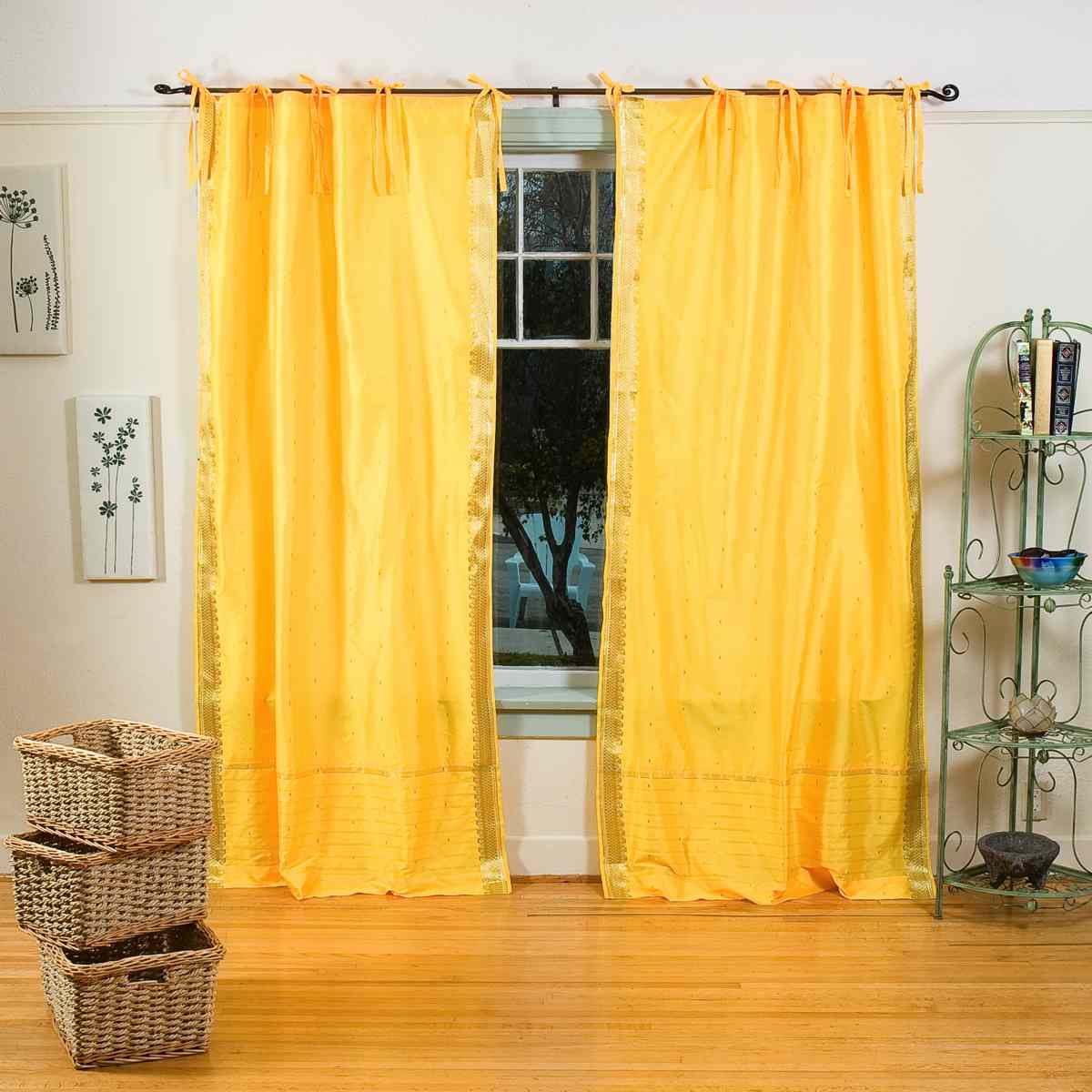 Indian Selections Yellow Tie Top Sheer Sari Curtain / Drape / Panel - Piece Indian Selections Yellow Tie Top Sheer Sari Curtain / Drape / Panel - Piece