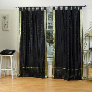 Indian Selections Black Tab Top Sheer Sari Curtain / Drape / Panel - Pair Indian Selections Black Tab Top Sheer Sari Curtain / Drape / Panel - Pair