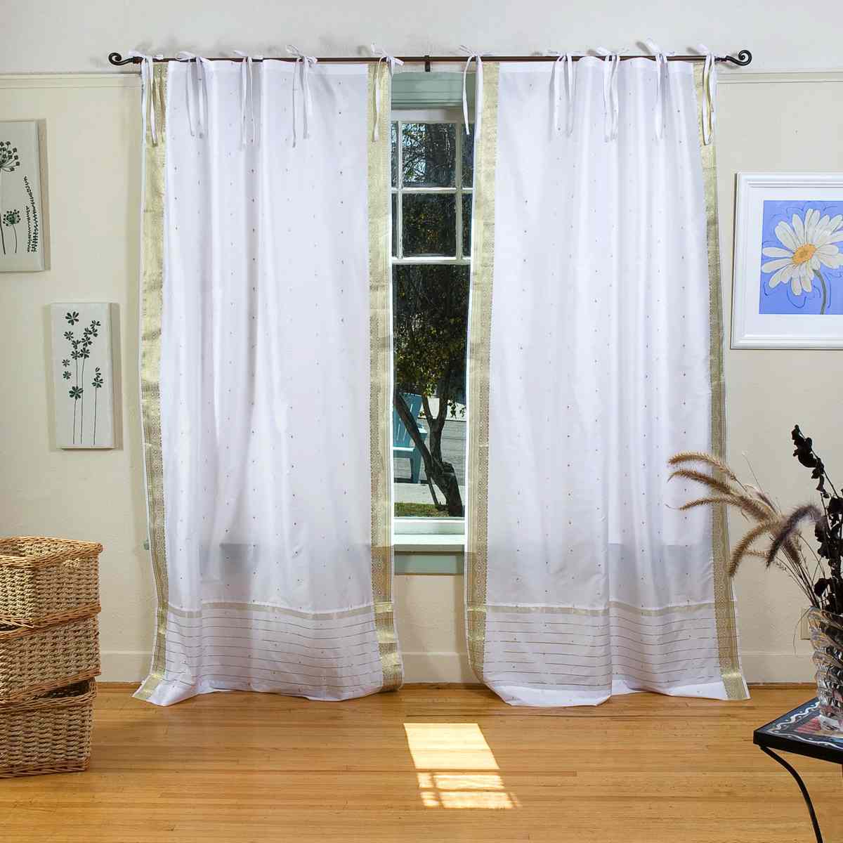 Indian Selections White with Gold Tie Top Sheer Sari Curtain / Drape / Panel - Pair Indian Selections White with Gold Tie Top Sheer Sari Curtain / Drape / Panel - Pair
