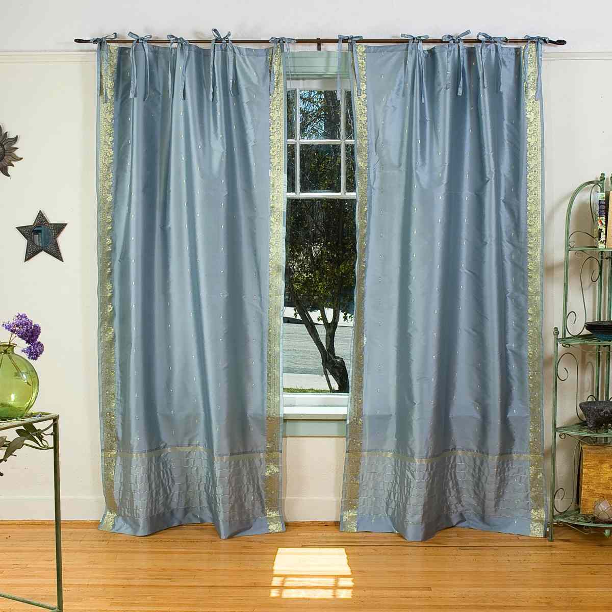 Indian Selections Gray Tie Top Sheer Sari Curtain / Drape / Panel - Pair Indian Selections Gray Tie Top Sheer Sari Curtain / Drape / Panel - Pair