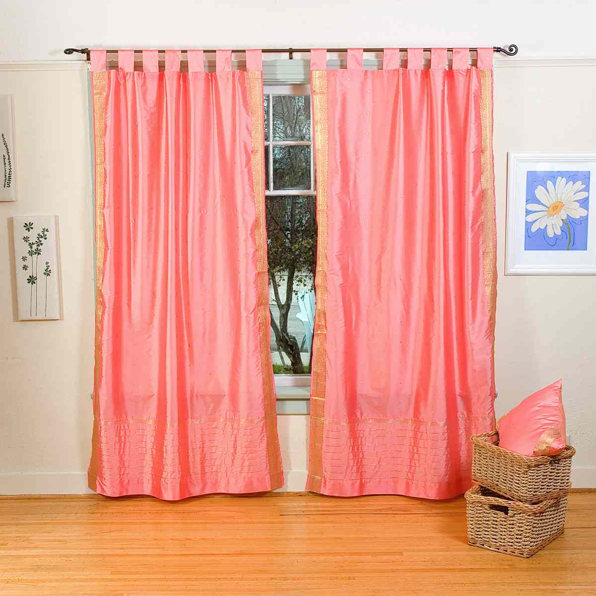 Indian Selections Pink Tab Top Sheer Sari Curtain / Drape / Panel - Piece Indian Selections Pink Tab Top Sheer Sari Curtain / Drape / Panel - Piece