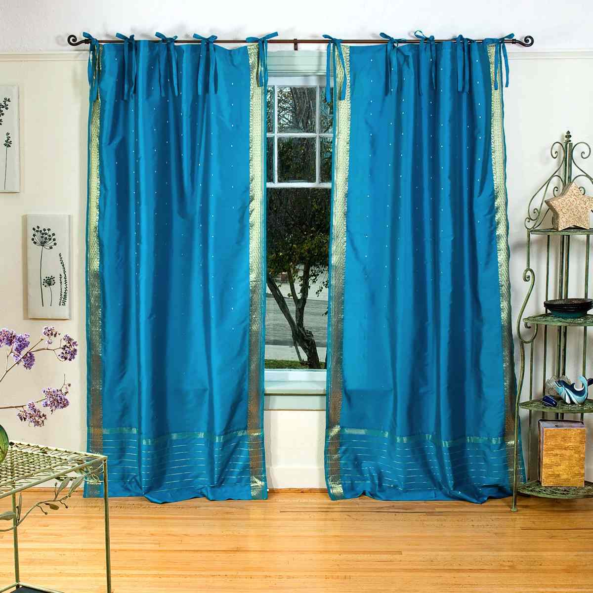 Indian Selections Turquoise Tie Top Sheer Sari Curtain / Drape / Panel - Piece Indian Selections Turquoise Tie Top Sheer Sari Curtain / Drape / Panel - Piece
