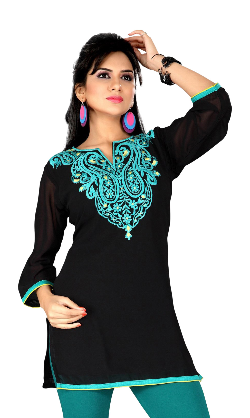 Indian Selections Black georgette kurti / Tunic with green embroidery Indian Selections Black georgette kurti / Tunic with green embroidery