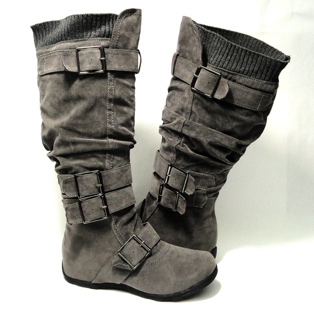 AS By KSC Women's Slouchy Knee High Buckle Flat Boots Gray Suede at Sears.com