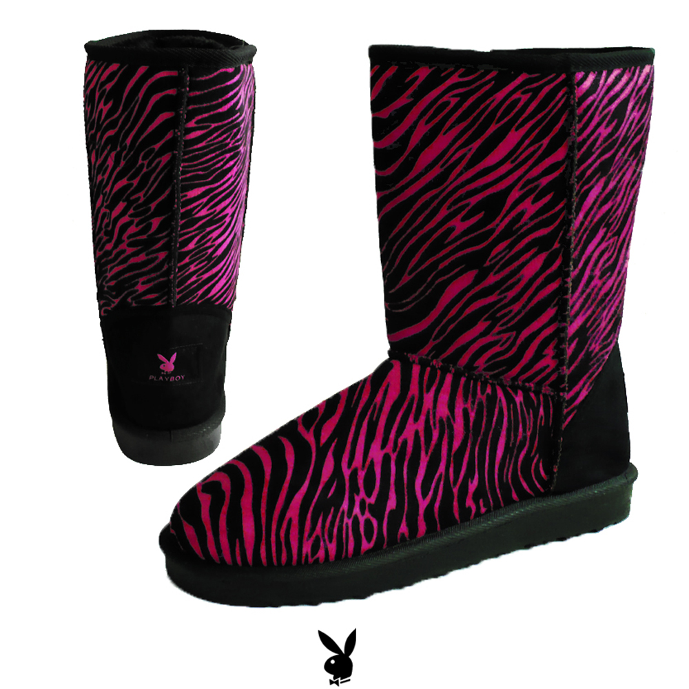 Playboy Bunny Casual Comfort Mid Calf Pull On Flat Boots Zebra Print Pink at Sears.com