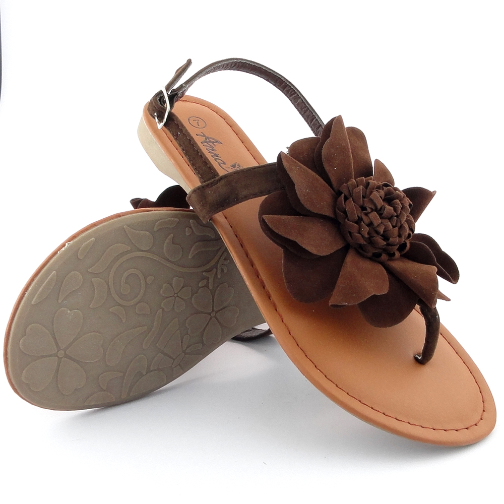 Women's Slingback Flat Thong Flower Sandals Brown