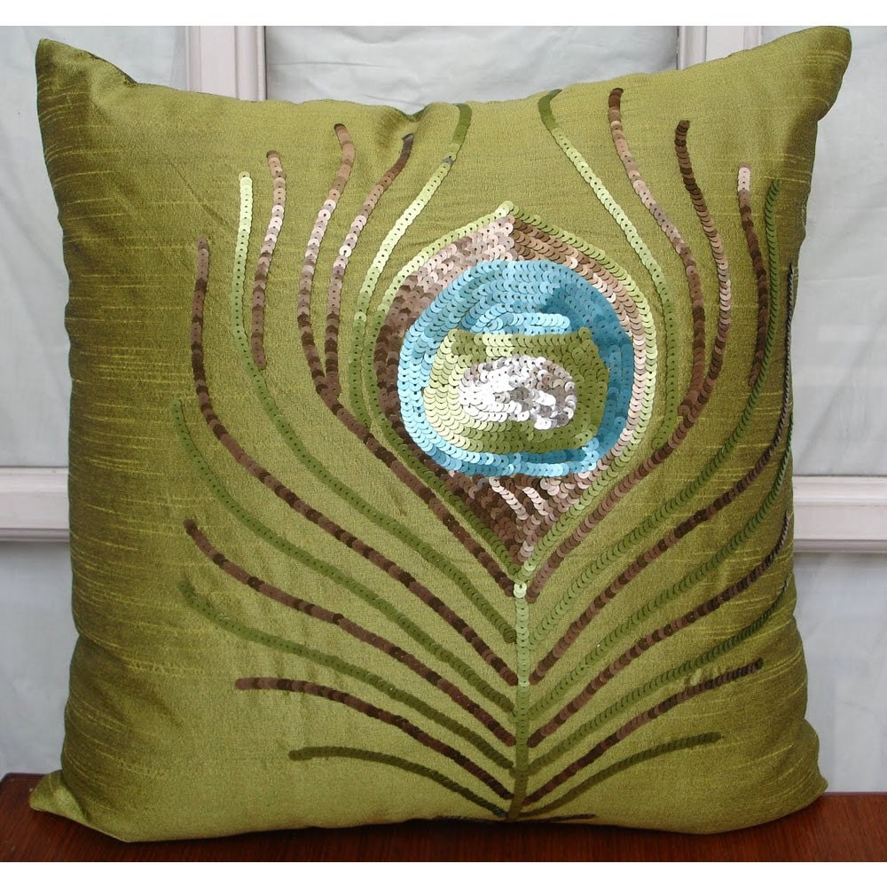 The HomeCentric Green Peacock Feather - 18x18 Inches Decorative Pillow Cover - Silk Pillow Cover with Sequins Embroidery at Sears.com